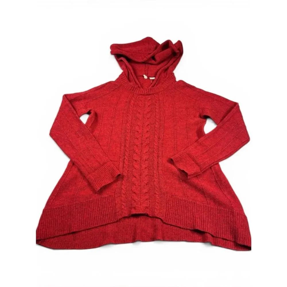Anthropologie MOTH Fireside Red Cable Knit Hooded Sweater Cozy Rustic Knit M